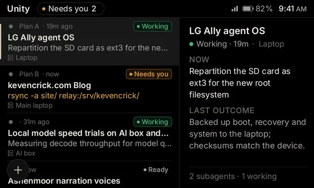 Fleet screen in landscape with agent cards on the left and the selected agent's detail on the right