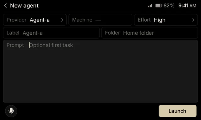 New agent form with provider, machine, effort, label, folder and prompt fields